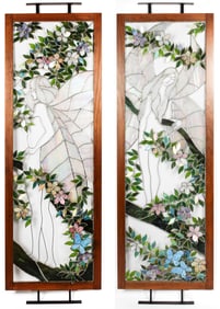 Large Three Dimensional Stained Glass Panels, Nymphs & Flowers, Wieland / California