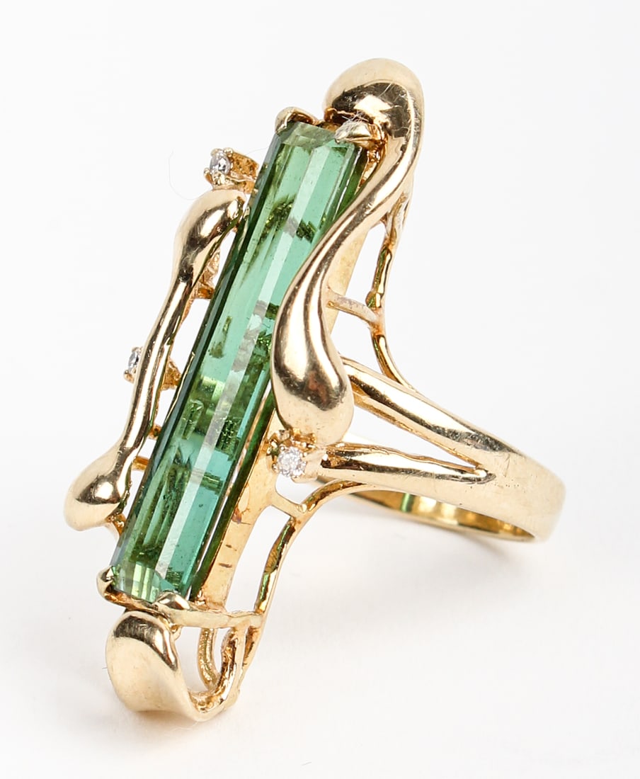 14k Yellow Gold Mid Century Brutalist Tourmaline & Diamond Ring (1 of 6)