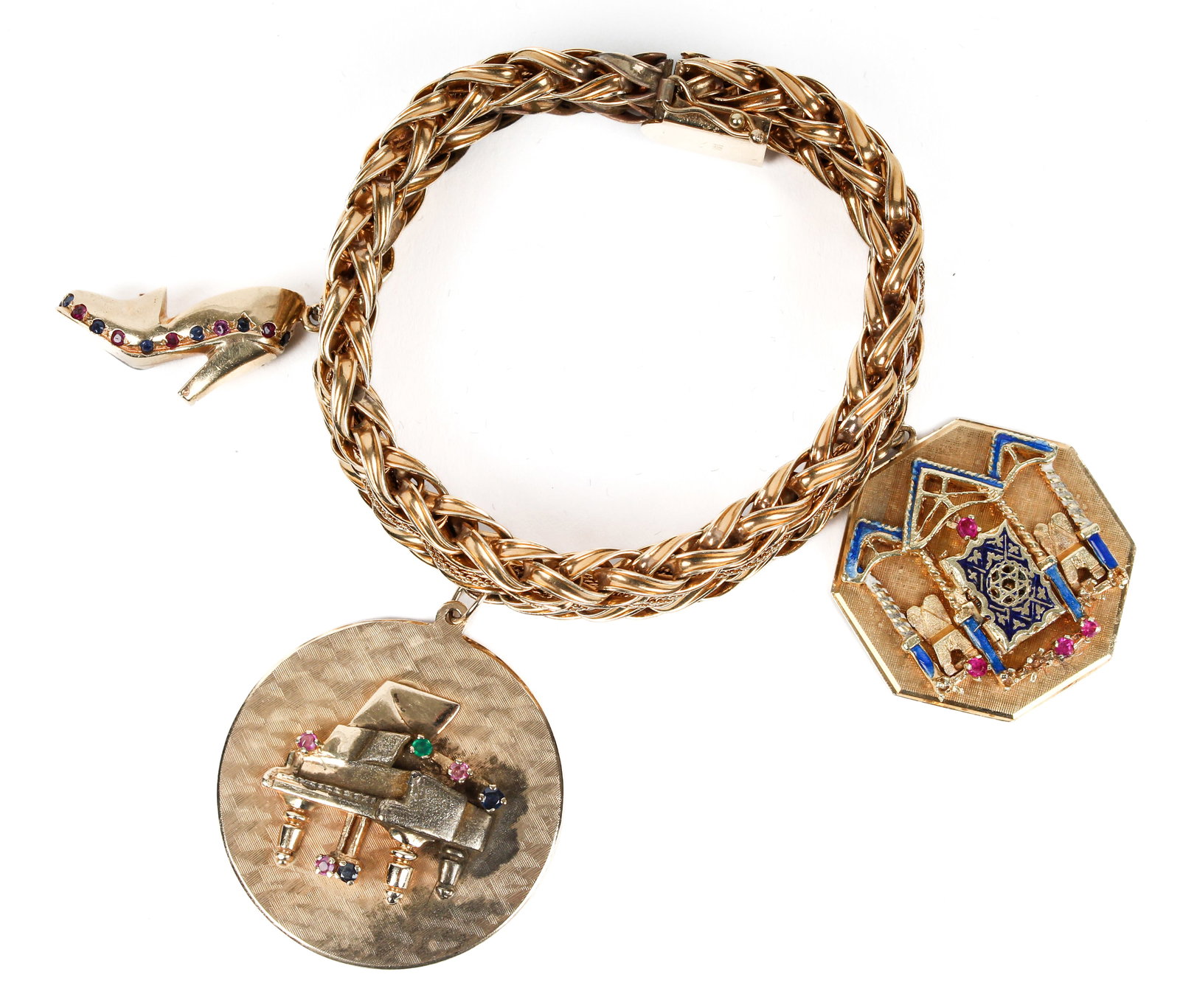 A 14k Gold 7.25" Charm Bracelet with Three Precious Stone Accented Charms (1 of 8)