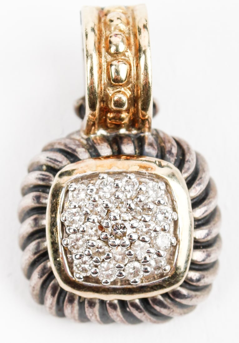 A David Yurman Albion 18k and Silver Pave Diamond Pendant: Description: A David Yurman Albion 18k gold and silver pave diamond pendant. Materials: Gold, silver, diamondsMarkings & Inscriptions: DY, 750, 925Date: Late 20th centuryMaker: David YurmanDimensions: