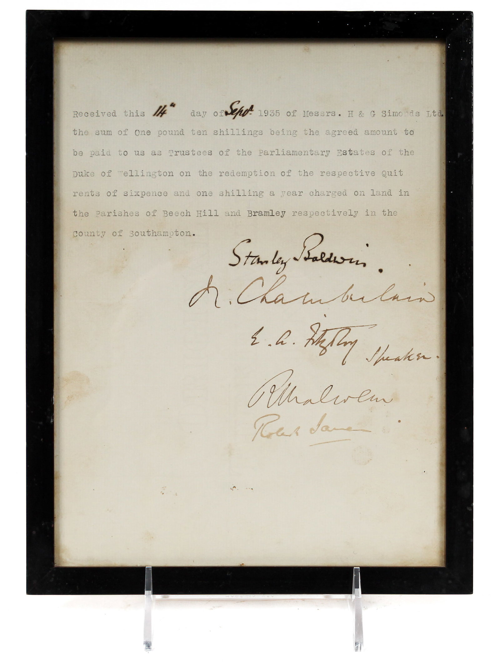 1935 English Document Signed by Neville Chamberlain and Stanley Baldwin (1 of 7)