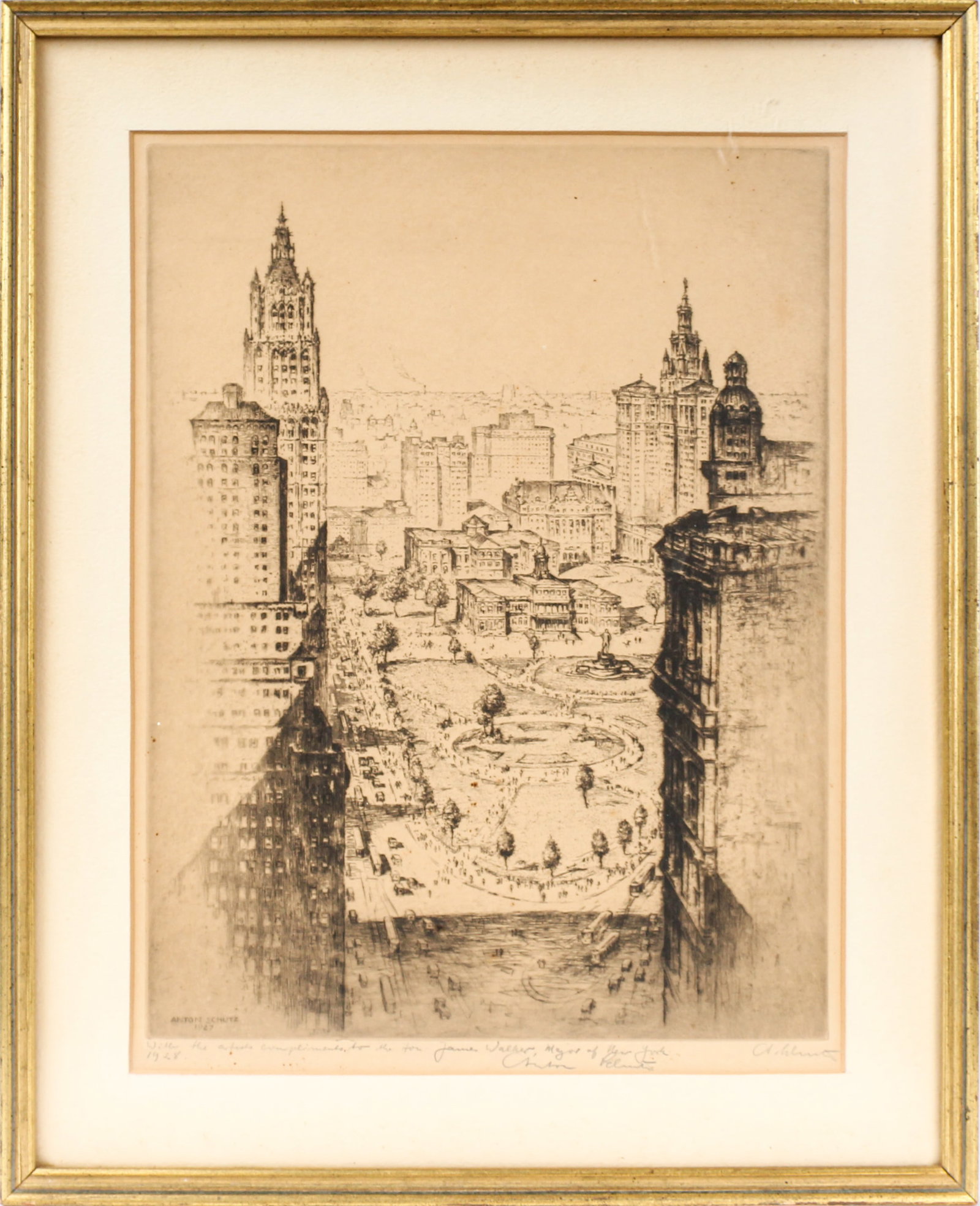 Anton Schutz (German/American, 1894-1977) View Of New York City, Signed Etching, Mayor James Walker (1 of 7)