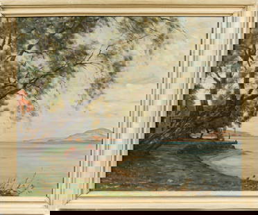 Louis Aston Knight (French/American, 1873-1948) Cook's Point, Canandaigua Lake, Oil on Canvas: Description: A large oil on canvas painting depicting a cottage at Cook's Point, along the Canandaigua Lake shoreline, with a view over the lake in the distance . Materials: Oil on CanvasMarkings & In
