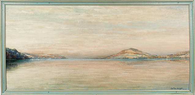 Louis Aston Knight (French/American, 1873-1948) Canadaigua Lake, Large Oil on Board Painting: Description: A large oil on board painting depicting an expansive view, presumably over Canandaigua Lake, NY toward the distant shoreline and hills. Materials: Oil, woodMarkings & Inscriptions: Signed