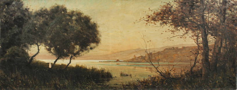 Louis Aston Knight (French/American, 1873-1948) Lake Scene, NY, Oil on Canvas: Description: An oil on canvas painting depicting a lake scene, probably in the Finger Lakes, New York.Materials: Oil on canvasMarkings & Inscriptions: Signed bottom leftDate: Ca. 1930sBr>Maker: Louis