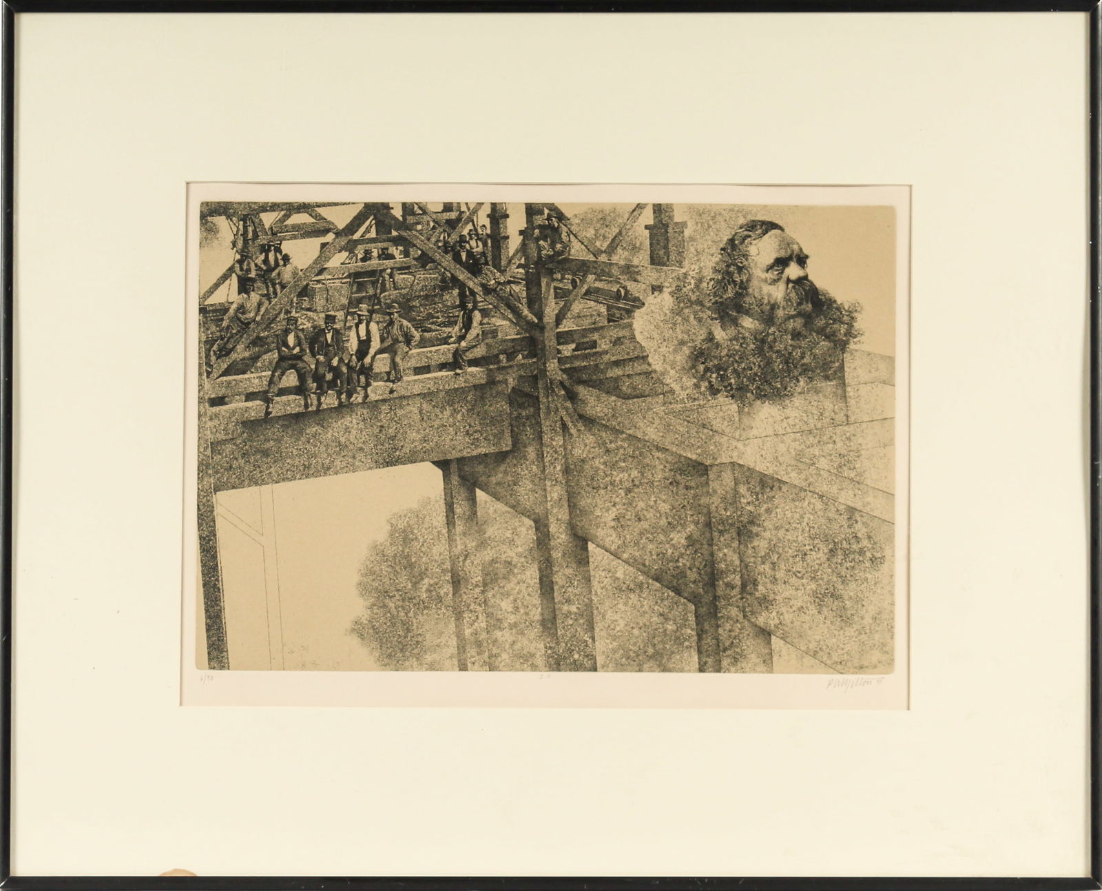 Peter Milton (American, B. 1930) The Jolly Corner I:4, Signed Etching: Description: A surreal etching depicting workers sitting on steel beams during the construction of a large building, one of twenty-one illustrations of Henry James' story "The Jolly Corner" produced b