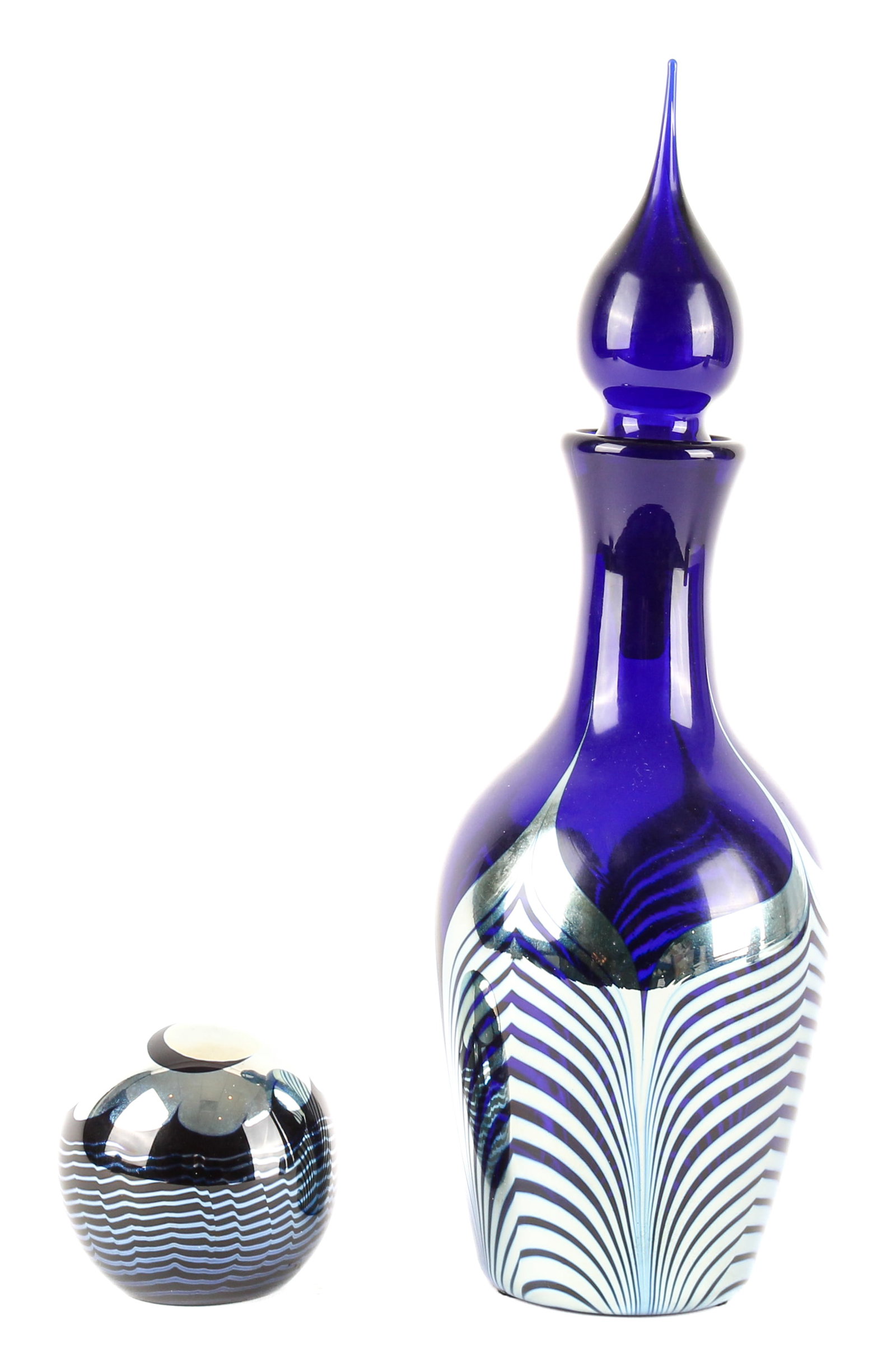 Steven Correia Silver Overlay Art Glass Paperweight, Pulled Feather Decanter (1 of 8)