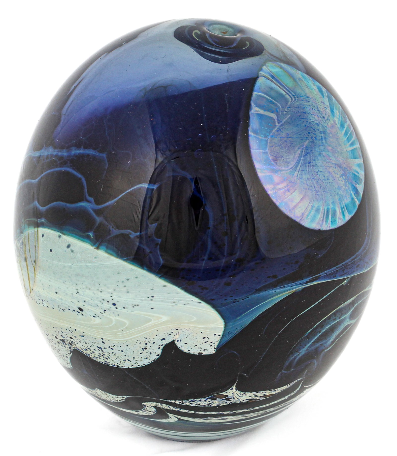 John Lewis Signed Art Glass Moonscape Paperweight Vase, 1977: Description: A signed Moonscape vase by John Lewis, of spherical form. Materials: Glass Markings & Inscriptions: Signed and dated to the base Date: 1977 Maker: John Lewis Dimensions: 4.75" H x 4.75" W
