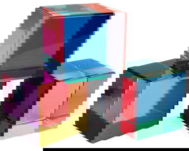 Vasa Velizar Mihich Cube Sculptures: Description: Three colorful laminated acrylic cube sculptures. Materials: Acrylic Markings & Inscriptions: One signed & dated Date: 1998Maker: Vasa Velizar Mihich (Yugoslavian, B. 1933) Dimensions: 2.