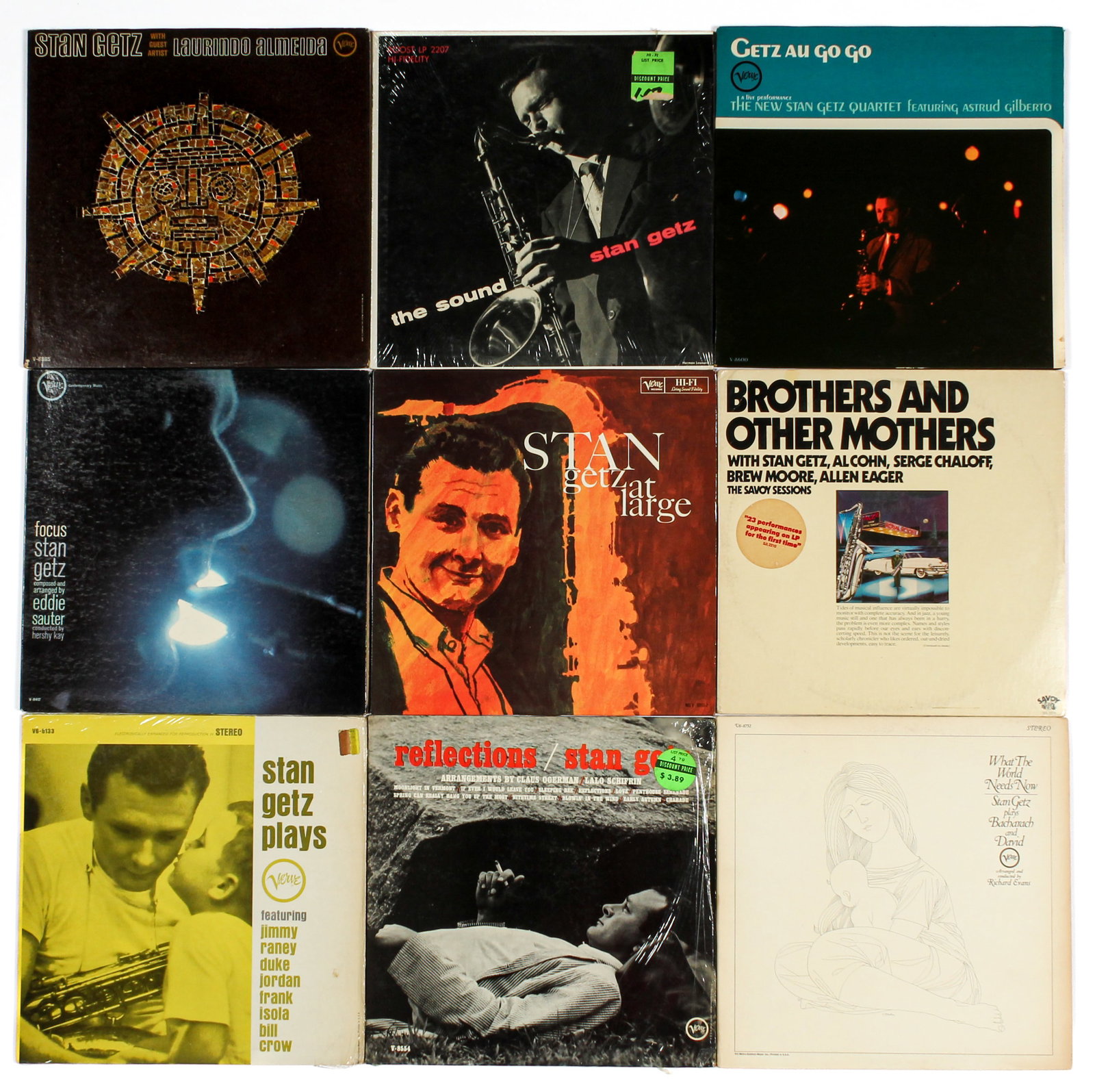 Nine Vintage Vinyl Jazz LP Albums, Stan Getz, Demo, Verve, Stan Getz At Large Etc.: Description: A collection of 9 vintage Jazz albums - Stan Getz At Large 1960 Verve MG V 8393, With Burt Bacharach and Hal David 1968 Verve, Brothers and Other Mothers Demo 1976 2x Savoy SJL2210, Getz