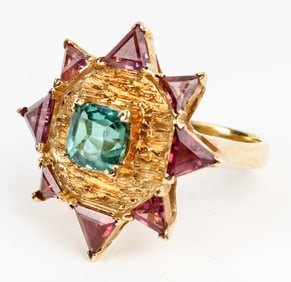 18k Yellow Gold Star Shaped Tourmaline & Rhodolite Garnet Ring