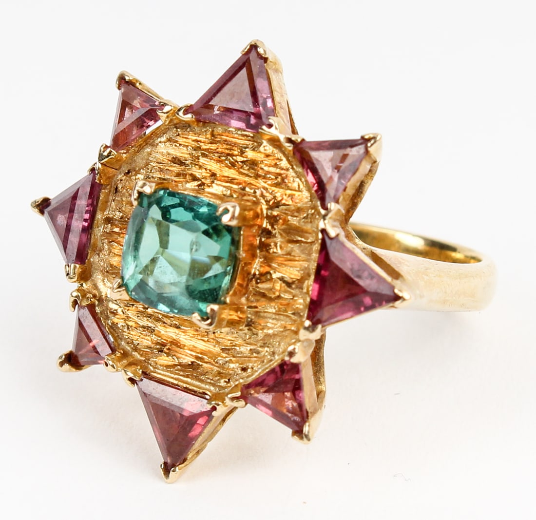 18k Yellow Gold Star Shaped Tourmaline & Rhodolite Garnet Ring