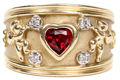 14K Yellow Gold Heart Cut Lab Ruby & Diamond Ring