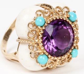 14K Yellow Gold Filigree Amethyst, Turquoise, & White Agate Ring