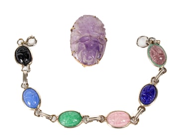 A 14k Gold Carved Amethyst Brooch And A Scarab Bracelet