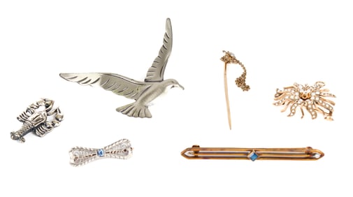 Gold and Silver Brooches, Bar Pins, And A Stick Pin, Incl. A 14k Gold Bar Pin