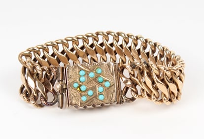 A 14k Gold Fancy Woven Link Bracelet With A Turquoise Accented Star Of David Clasp