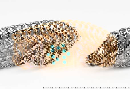 A 14k Gold Fancy Woven Link Bracelet With A Turquoise Accented Star Of David Clasp: Description: A 14k gold fancy woven link bracelet with a turquoise accented Star of David clasp. Materials: Gold, turquoise Markings & Inscriptions: 14k Date: Early-mid 20th century Maker: UnknownDime