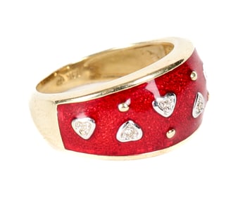 14K Gold Diamond Red Enamel Heart Ring