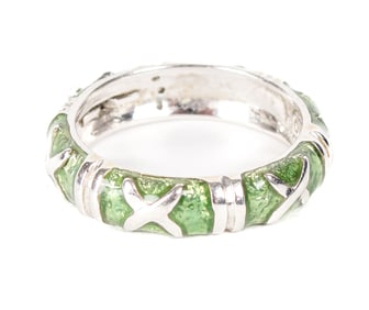 Hidalgo 18K White Gold Diamond Green Enamel X Ring