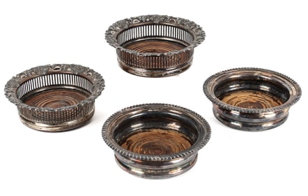 Four Old Sheffield Plate Wine Coasters, Turned Wood Base