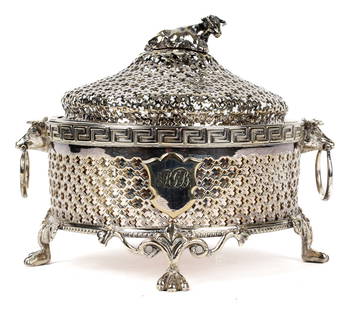 English Silver Plated Butter Dish, Cow Finial, 19th Century: Description: A lidded butter dish, having a reticulated dome with cow finial and a reticulated base with Greek key border on the top rim, steer-head handles, and paw feet. The base has a monogrammed c