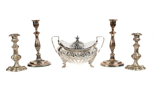 Old Sheffield Plate Candlesticks, Meriden Soup Tureen