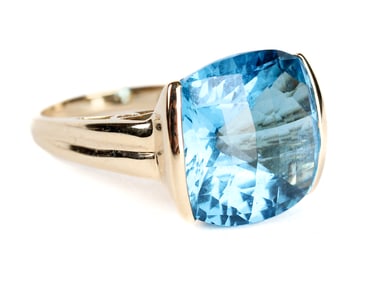 14K Yellow Gold Square Checkerboard Swiss Blue Topaz Ring