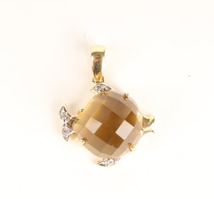 14K Yellow Gold Fish Motif Smoky Quartz and Diamond Pendant