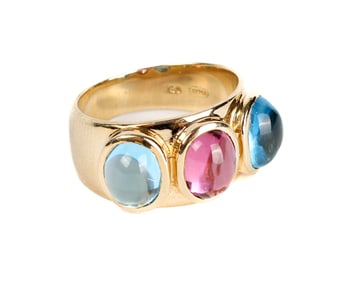 14K Yellow Gold Blue Topaz and Pink Tourmaline Ring