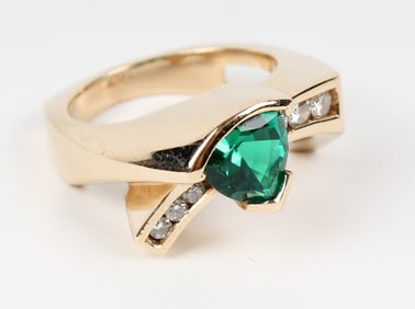 14K Yellow Gold Synthetic Emerald and Diamond Ring