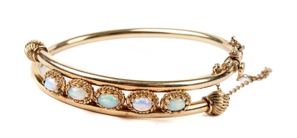 14K Yellow Gold Victorian Opal Bypass Bangle Bracelet