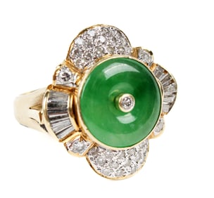 18K Yellow Gold Jade and Diamond Ring