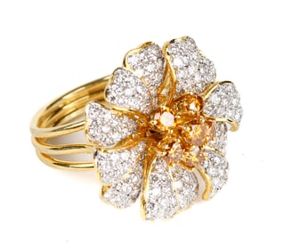 18K Yellow Gold Enhanced Colored Diamond and Diamond Flower Ring