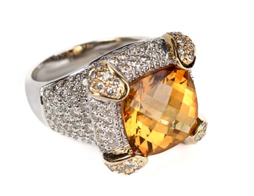 18K White/Yellow Gold Citrine and Pave Diamond Ring