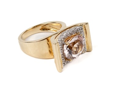 14K Yellow Gold Morganite and Pave Diamond Ring