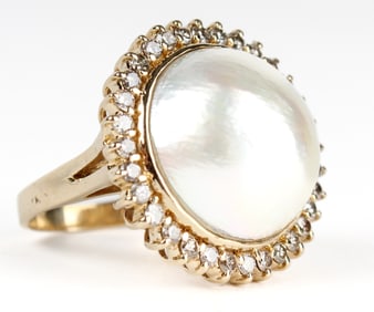 14K Yellow Gold Mabe Pearl and Diamond Halo Ring