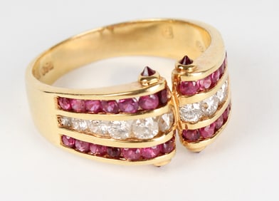 18K Yellow Gold Ruby and Diamond Scroll Style Band