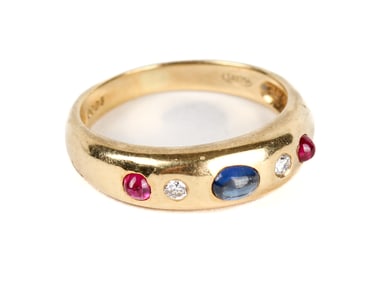 18K Yellow Gold Ruby, Sapphire and Diamond Gypsy Ring