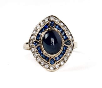 18K Yellow Gold Art Deco Cabochon Blue Sapphire and Diamond Ring