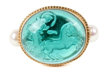 14K Yellow Gold Glass Intaglio and Pearl Ring