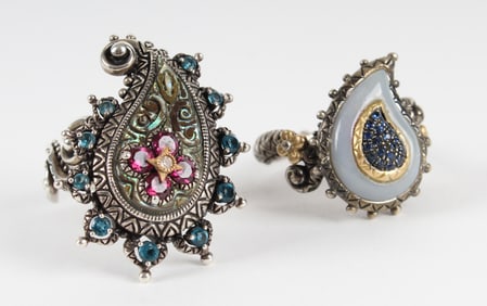 Two Barbara Bixby Silver, 18k Gold And Gemstone Paisley Rings