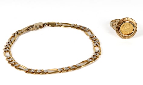 A 10k Gold Link Bracelet And A 14k Gold Plated Dos Pesos Panda Ring