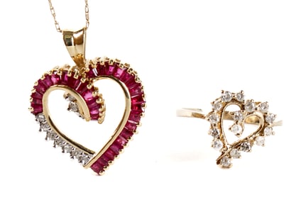 10K/14K Yellow Gold Ruby and Diamond Heart Pendant and 14K Heart Ring with Diamonds
