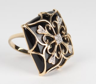 14K Yellow Gold Black Onyx and Diamond Ring