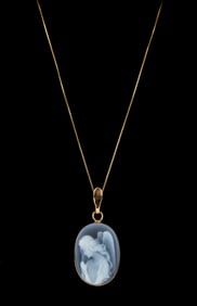 Blue Agate Guardian Angel Cameo Pendant WIth 14k Gold Necklace