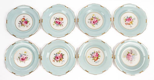Eight Royal Crown Derby Floral Porcelain Cabinet Plates, Cuthbert Gresley