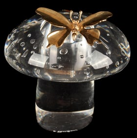 Steuben / James Houston Crystal & 14K Gold Paperweight, Mushroom and Butterfly