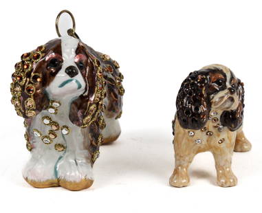 Jay Strongwater Ornament and Figurine, Cavalier King Charles Spaniel: Description: Two diminutive dog figures, one being a Jay Strongwater porcelain ornament with faceted glass decoration (possibly Swarovski crystals), another being a Strongwater enamel painted metal fi