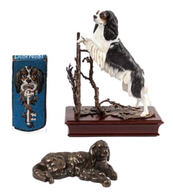 English Neil Campbell China King Charles Spaniel, Bronze Inkwell, Beaded Case